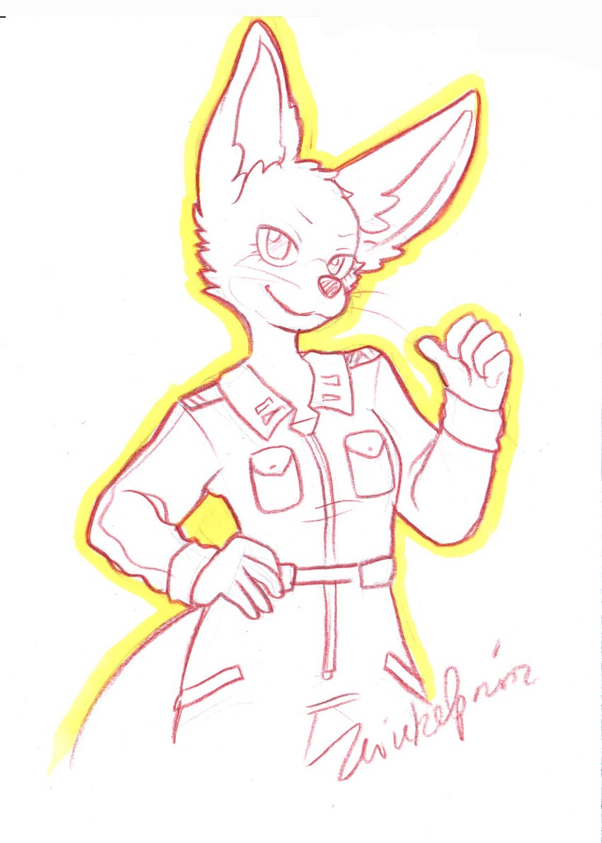 anthro athletic big_ears clothing covering determined female hand_on_hip jumpsuit military military_uniform pose skinny small_chest smile solo uniform zwiebelprinz matthews_(razumi) canid canine fennec_fox fox mammal true_fox greyscale hi_res monochrome traditional_media_(artwork)