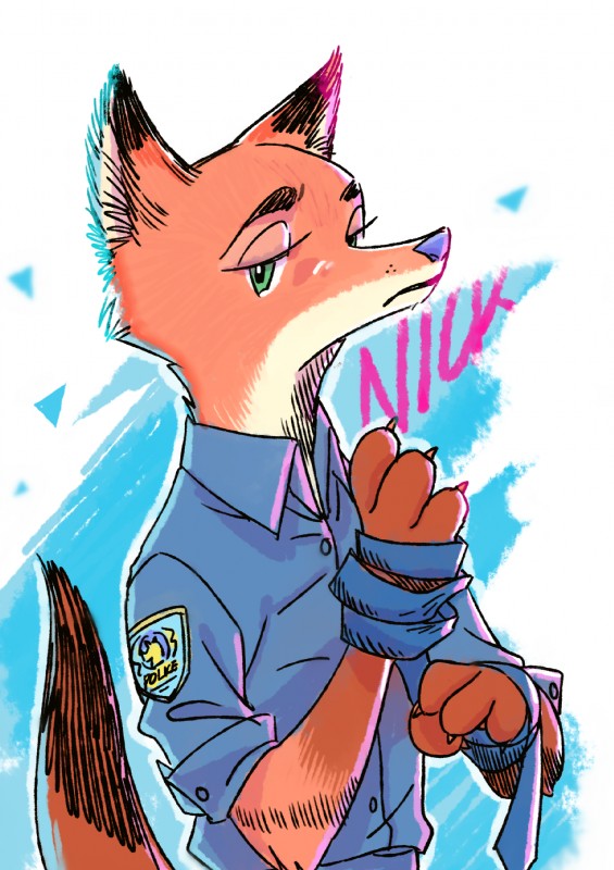 anthro clothed clothing fur green_eyes looking_at_viewer male orange_body orange_fur police police_uniform solo uniform weketa disney zootopia nick_wilde canid canine fox mammal red_fox true_fox 2017 hi_res