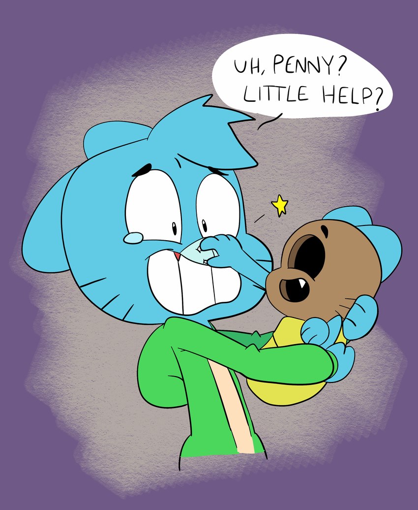 anthro baby blue_body blue_fur blue_hair bodily_fluids claws clothing dialogue duo fur hair jacket male pain pinch simple_background speech_bubble star tears text topwear young young_anthro blehmaster7 cartoon_network the_amazing_world_of_gumball fan_character gumball_watterson domestic_cat felid feline felis hybrid mammal absurd_res digital_media_(artwork) english_text hi_res widescreen