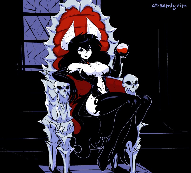 beverage big_breasts bone boots breasts chair cleavage clothed clothing dress female footwear furniture hair high_heeled_boots high_heels holding_glass holding_object legwear long_hair looking_at_viewer markings mole_(marking) navel shoes sitting skull solo thigh_boots thigh_highs throne sem-l-grim eva_(sem-l-grim) animal_humanoid bat bat_humanoid humanoid mammal mammal_humanoid 2019 absurd_res hi_res signature