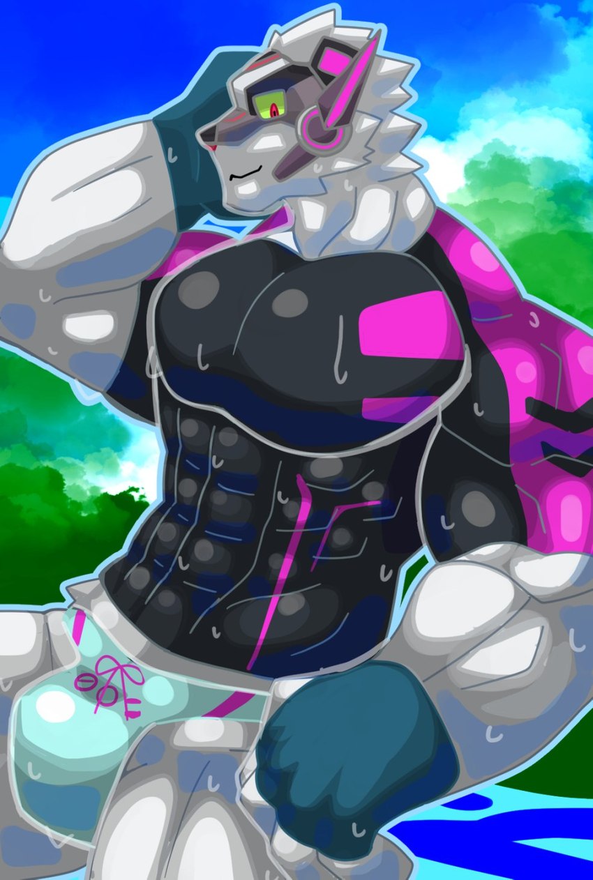 abs anthro bulge clothing fur gloves green_sclera handwear male mask muscular muscular_male pecs plant red_eyes sky solo speedo swimwear tree white_body white_fur omame_wakuwaku lifewonders tokyo_afterschool_summoners enigma_(tas) bear mammal polar_bear ursine hi_res