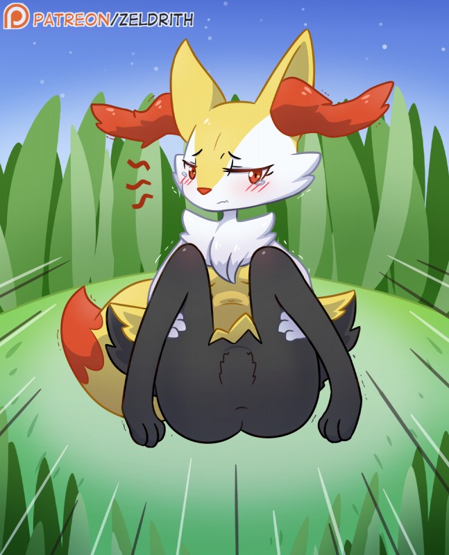 anthro anus anus_only blush bodily_fluids butt detailed_background featureless_crotch feet female fur grass patreon_logo patreon_username plant red_eyes solo spreading tears text toes krishadraws nintendo patreon pokemon braixen canid generation_6_pokemon mammal pokemon_(species) digital_media_(artwork) english_text hi_res