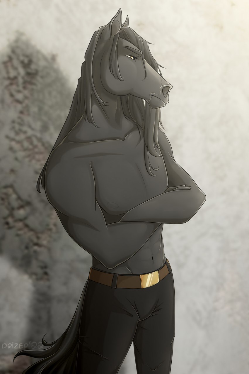 anthro belt black_body black_hair bottomwear clothing crossed_arms eyebrows frown hair male narrowed_eyes pants simple_background solo drizer ecuador_(alisian) draft_horse equid equine friesian horse mammal 2022 digital_media_(artwork) hi_res