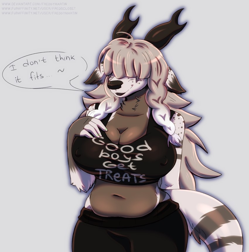 anthro belly bottomwear braided_hair breasts butt cleavage clothed clothing crop_top dialogue ear_tuft fangs female flirting fluffy fluffy_tail fur good_boy grey_hair hair hair_over_eyes hands_in_both_pockets horn long_hair midriff navel pants shirt simple_background skimpy slightly_chubby smile snout solo striped_body striped_fur stripes sweatpants tail teeth thick_thighs topwear tuft white_body white_fur freddymartin meme_clothing ashley_(vinthebat) deer hybrid mammal mountain_deer_dragon digital_media_(artwork) half-length_portrait hi_res meme portrait shaded