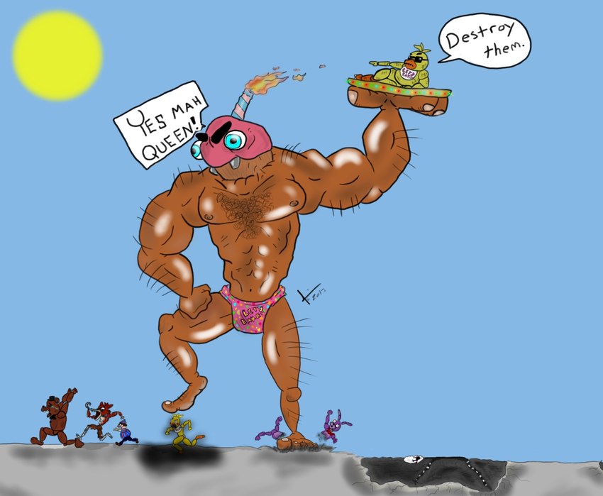 3_toes 5_toes anthro arm_hair arms_bent arms_outstretched beak bent_arm bib black_body black_eyebrows black_nose black_top_hat blue_clothing blue_eyes blue_hat blue_headwear blue_shirt blue_sky blue_topwear bodily_fluids body_hair bow_tie brown_body brown_clothing brown_footwear brown_shoes buckteeth candle carrying_another cheek_spots clear_sky closed_beak clothing crying day destruction dialogue eyebrows eyes_closed eyewear feet female fire fist flattened food footwear group hat headgear headwear hook hook_hand larger_humanoid larger_male leg_hair light lying machine macro male muscular muscular_humanoid muscular_male nails on_side open_mouth orange_beak orange_feet outside pink_clothing pink_thong pink_underwear purple_body queen raised_leg red_body red_bow_tie royalty running_away shirt shoes size_difference sky smaller_anthro smaller_female smaller_humanoid smaller_male speech_bubble stepped_on sun sunglasses tan_body tan_skin tears tears_of_fear teeth text text_on_bib text_on_clothing thick_eyebrows thong toenails toes topwear underwear what_has_science_done where_is_your_god_now yellow_body artooper024 five_nights_at_freddy's five_nights_at_freddy's_2 scottgames balloon_boy_(fnaf) bonnie_(fnaf) chica_(fnaf) cupcake_(fnaf) foxy_(fnaf) freddy_(fnaf) marionette_(fnaf) toy_chica_(fnaf) animatronic avian bear bird canid canine chicken food_creature food_humanoid fox galliform gallus_(genus) humanoid lagomorph leporid mammal phasianid rabbit robot 2015 colored dated digital_drawing_(artwork) digital_media_(artwork) english_description english_text lighting shaded