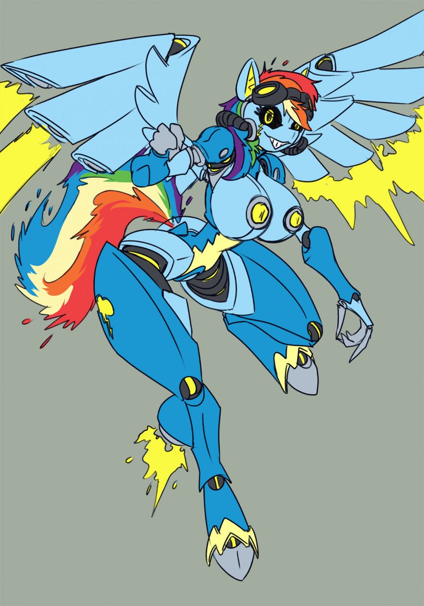 anthro anthrofied big_breasts black_sclera blue_body breasts eyewear eyewear_on_head female goggles goggles_on_head hair machine multicolored_hair multicolored_tail nipples rainbow_hair rainbow_tail robotization simple_background solo spread_wings tail thick_thighs wings yellow_eyes imric1251 friendship_is_magic hasbro my_little_pony mythology rainbow_dash_(mlp) equid equine mammal mythological_creature mythological_equine pegasus robot hi_res