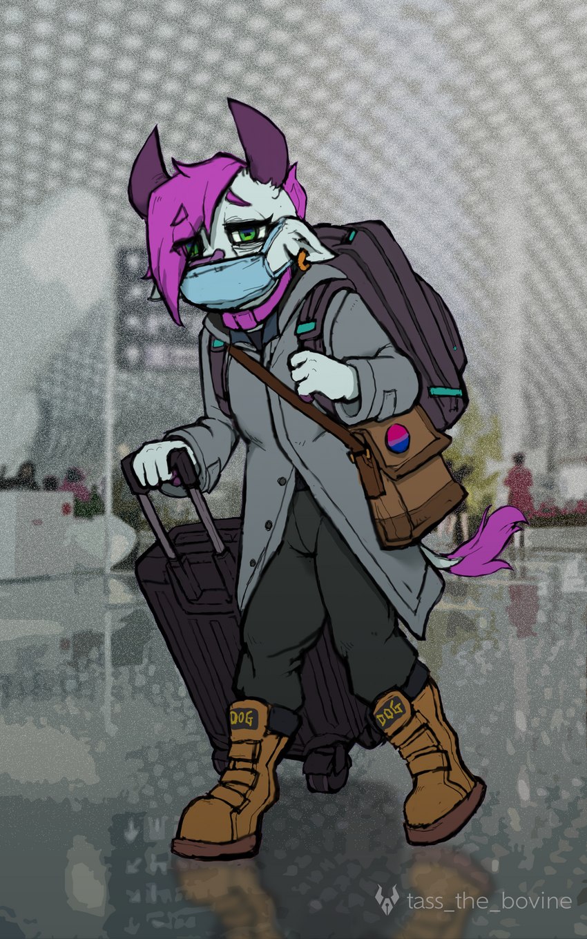 airport anthro cloven_hooves epidemic hooves male mask solo tass_the_bovine covid-19_pandemic tass_(character) bovid bovine cattle mammal 5:8 absurd_res hi_res tagme