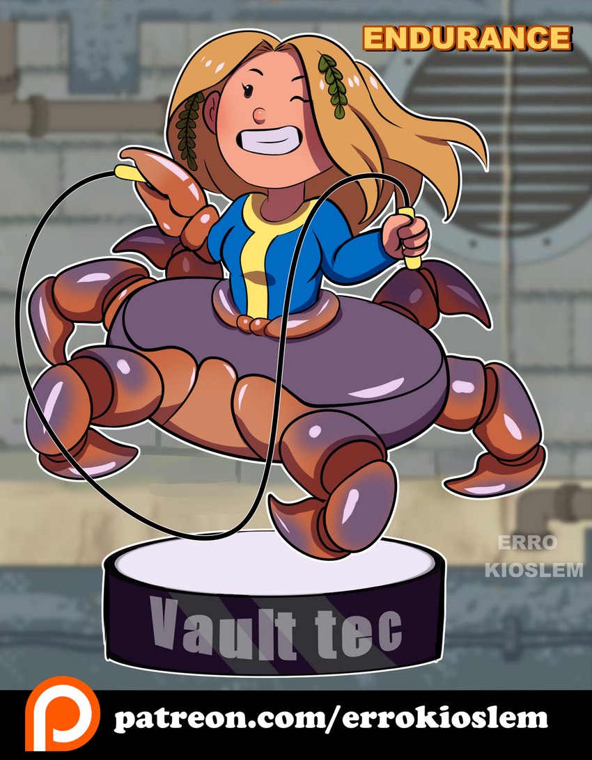 blonde_hair bobblehead chibi crab_claw endurance female hair jump_rope solo text vault-tec_logo vault_suit errokioslem fallout microsoft animal_humanoid arthropod arthropod_humanoid crab crab_humanoid crustacean crustacean_humanoid decapoda human humanoid malacostracan mammal marine marine_humanoid taur hi_res url