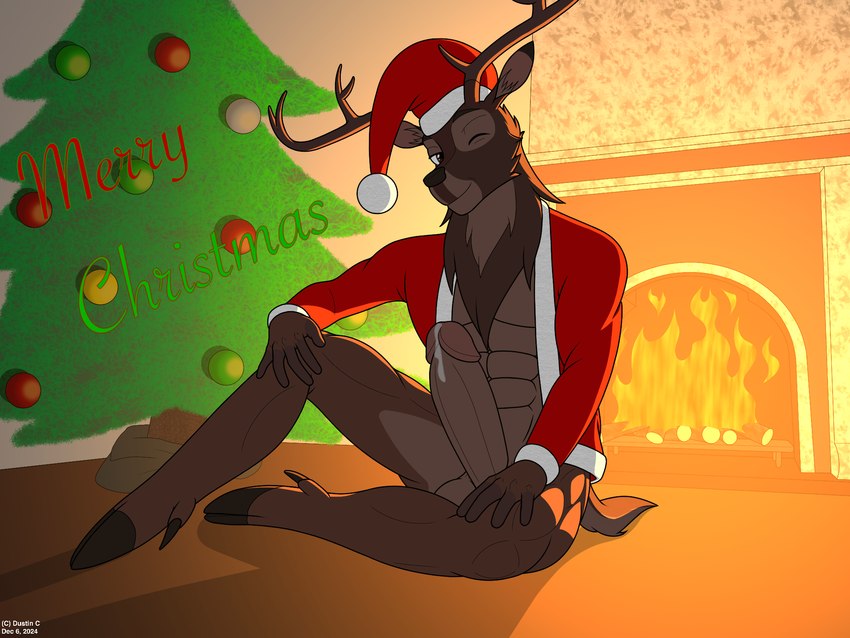 abs anthro antlers balls bodily_fluids brown_body christmas_clothing christmas_headwear christmas_tree clothed clothing erection fireplace fur genital_fluids genitals hair hat headgear headwear holidays horn humanoid_genitalia humanoid_penis looking_at_viewer male muscular muscular_anthro muscular_male nude one_eye_closed penis plant santa_hat simple_background smile solo tail tree wink winking_at_viewer dustin_c bambi_(film) christmas disney the_great_prince_of_the_forest deer mammal mule_deer new_world_deer 4:3 digital_media_(artwork) hi_res