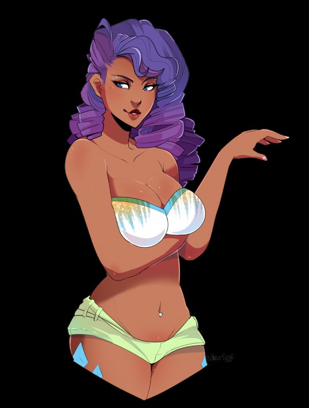 alternate_species big_breasts blue_eyes bottomwear breasts cleavage clothed clothing curled_hair cutie_mark dark_body dark_skin eyeshadow female hair humanized long_hair makeup navel navel_piercing piercing purple_hair shorts simple_background smile solo transparent_background wicklesmack friendship_is_magic hasbro my_little_pony rarity_(mlp) human mammal absurd_res alpha_channel hi_res