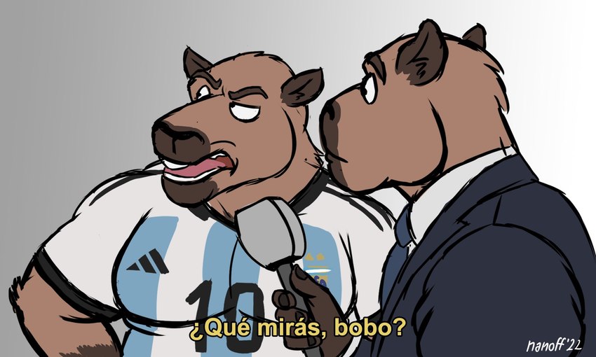 anthro argentina clothing duo male simple_background slightly_chubby soccer_uniform sportswear text uniform nanoff adidas fifa fifa_soccer lionel_messi capybara caviid mammal rodent 5:3 hi_res spanish_text translated