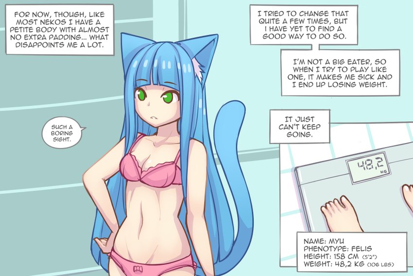 blue_hair bottomwear bow_panties bow_underwear bra breasts cleavage clothed clothing dialogue female frown green_eyes hair inner_monologue navel panties pink_bra pink_clothing pink_panties pink_underwear solo speech_bubble standing tail teeth text thinking topwear underwear underwear_only pixiveo myu_(pixiveo) animal_humanoid cat_humanoid felid felid_humanoid feline feline_humanoid humanoid mammal mammal_humanoid 3:2 comic english_text