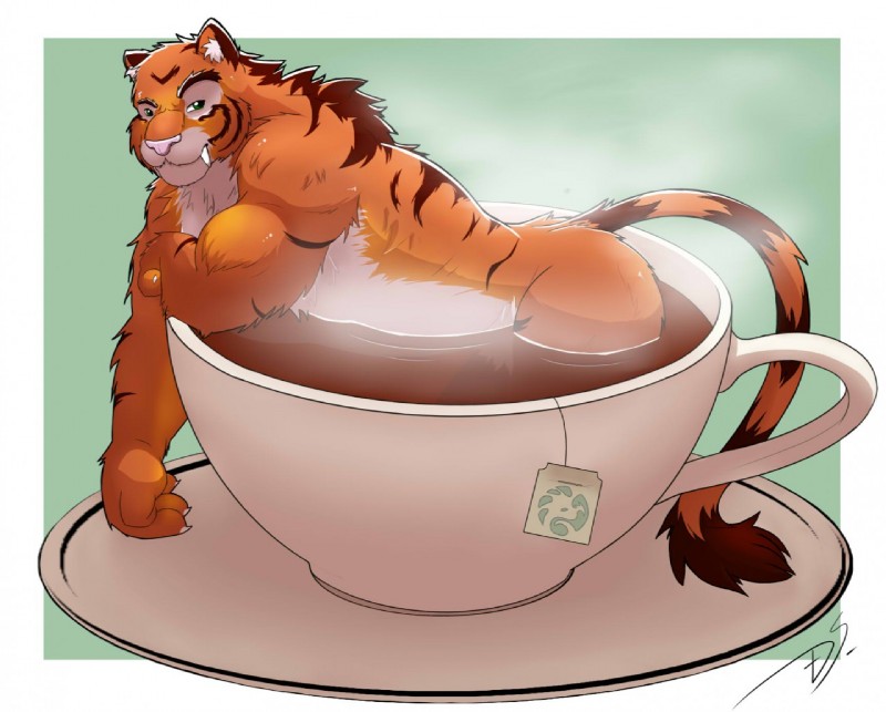 anthro beverage brown_body brown_fur brown_hair butt container cup fur green_eyes hair in_container in_cup male muscular muscular_anthro muscular_male nude orange_body orange_fur partially_submerged solo steam striped_body striped_fur stripes tea tea_bag tea_cup white_body white_fur dragonslash schindler felid mammal pantherine tiger 2017 signature