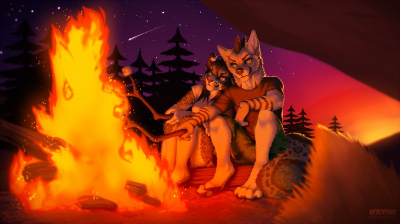 anthro barefoot campfire candy clothed clothing dessert detailed_background disembodied_tail duo_focus evergreen_tree feet female fire first_person_view food forest fully_clothed group male marshmallow night outside pine_tree plant romantic romantic_ambiance romantic_couple shadow shooting_star sitting sky star starry_sky stick sunset tree wood kero_tzuki blaya sein_kraft canid canine felid fox mammal pantherine snow_leopard together_(disambiguation) digital_media_(artwork) hi_res warm_colors