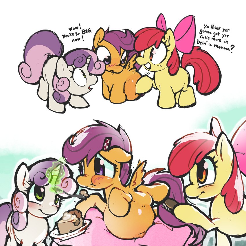 accessory belly big_belly brush brushing doting feeding feeding_partner female feral food group hair_accessory hairclip pastry pie pregnant taking_care_of_partner text trio underage_pregnancy young young_feral clownstongue friendship_is_magic hasbro my_little_pony apple_bloom_(mlp) scootaloo_(mlp) sweetie_belle_(mlp) equid equine horse mammal pony english_text hi_res