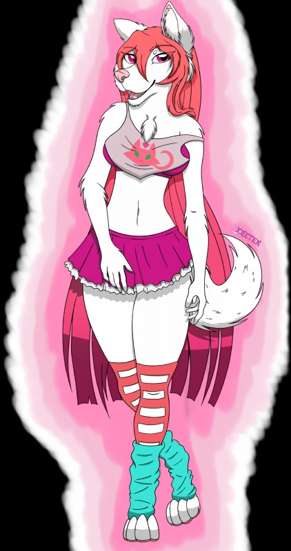 alternate_species anthro biped bottomwear breasts clothing female fluffy fur hair legwear long_hair long_nose open_mouth paws pink_eyes pink_hair pink_nose shirt short_tail skirt solo stockings tail tank_top topwear white_body white_fur xheten artemis_tsukino canid canine canis domestic_dog husky mammal nordic_sled_dog spitz absurd_res alpha_channel hi_res