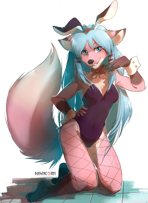 anthro biped breasts clothed clothing female kneeling looking_at_viewer navel simple_background smile solo teeth white_background hihikori canid canine mammal hi_res