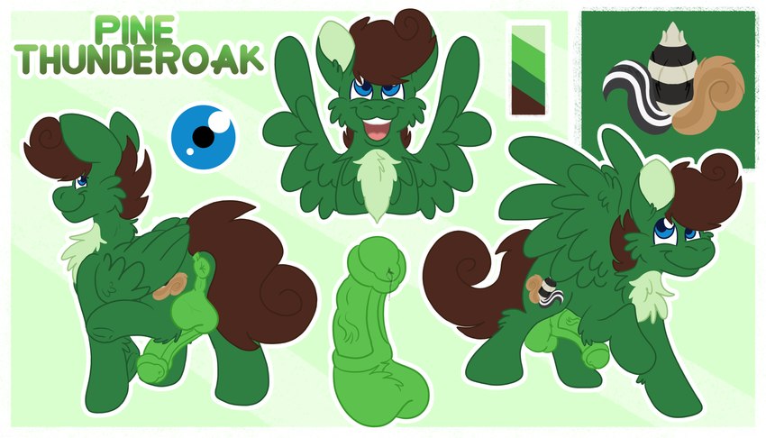 animal_genitalia animal_penis anus aroused balls blue_eyes bodily_fluids brown_hair brown_mane brown_tail butt cutie_mark dripping equine_genitalia equine_penis erection feral fluffy fluffy_chest folded_wings fur genital_fluids genitals green_anus green_balls green_body green_fur green_penis hair leaking leaking_penis leaking_precum male mane penis precum precum_drip presenting presenting_anus presenting_balls presenting_hindquarters presenting_penis puffy_anus raccoon_tail raised_leg skunk_tail smile solo spread_wings squirrel_tail tail wings euspuche hasbro my_little_pony mythology fan_character pine_thunderoak equid equine horse mammal mythological_creature mythological_equine pegasus pony 7:4 absurd_res hi_res model_sheet