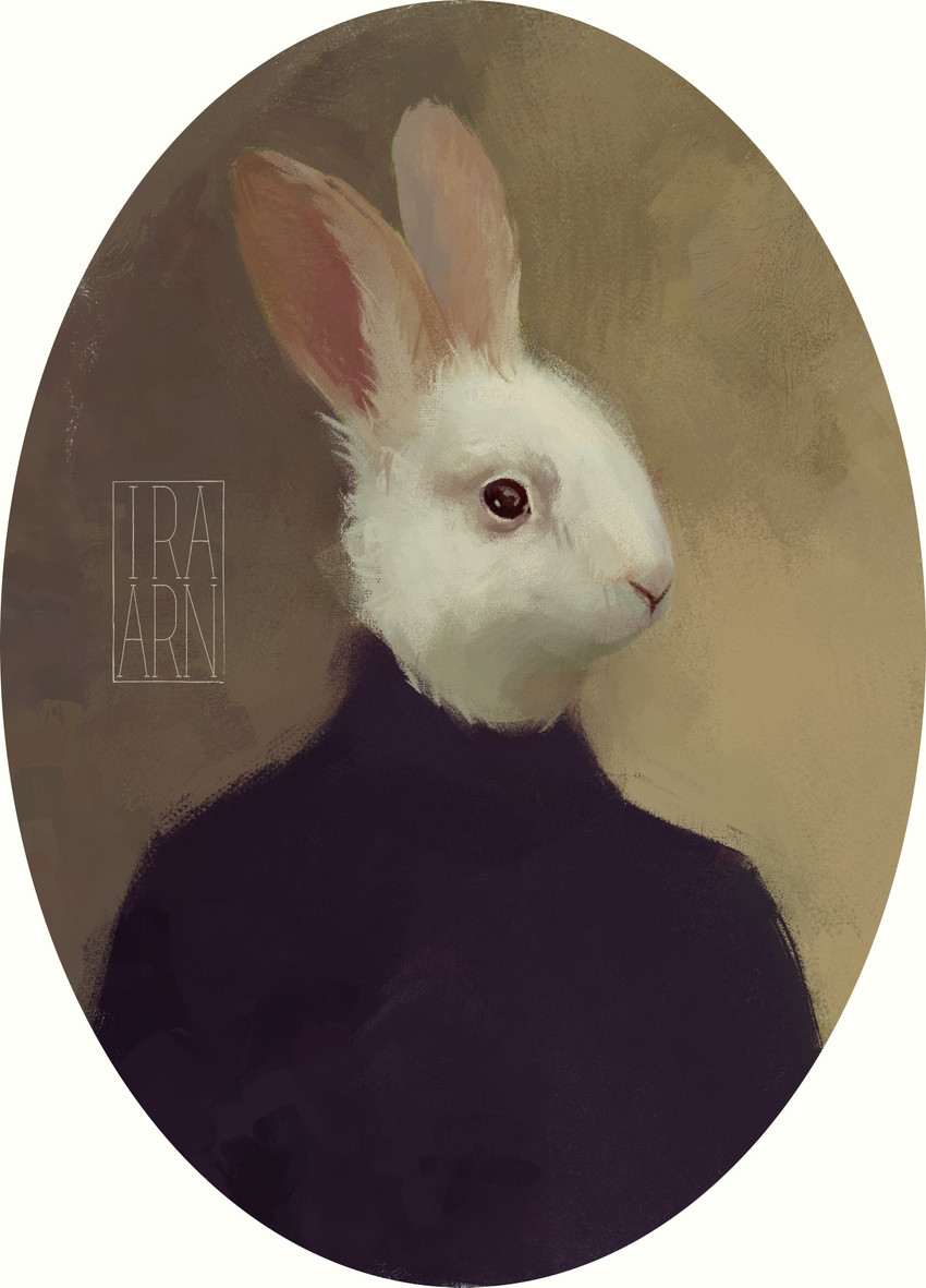 ambiguous_gender anthro black_clothing black_eyes border brown_background clothing fur pink_nose simple_background solo turtleneck white_body white_border white_fur ira-arn lagomorph leporid mammal rabbit absurd_res half-length_portrait hi_res portrait watermark