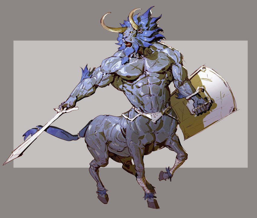 abs arm_tuft beard black_sclera blue_hair border elbow_tuft facial_hair grey_body grey_border hair holding_melee_weapon holding_object holding_shield holding_sword holding_weapon hooves horn looking_back male mane melee_weapon muscular nipples open_mouth pecs scar shield simple_background solo sword tuft weapon yellow_eyes pacelic breath_of_the_wild nintendo the_legend_of_zelda lynel taur absurd_res hi_res