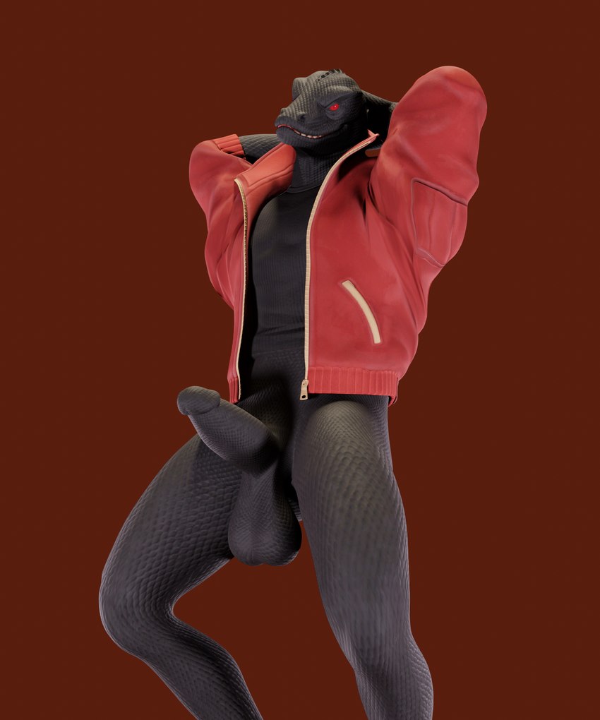 anthro balls black_body clothing erection genitals grin humanoid_genitalia humanoid_penis jacket male penis pose red_clothing red_jacket red_topwear smile solo topwear crescentpapermoon humble_stone epic_games fortnite thunder_(fortnite) komodo_dragon lizard monitor_lizard reptile scalie 3d_(artwork) 5:6 absurd_res digital_media_(artwork) hi_res