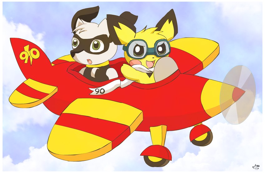 aircraft airplane black_body black_fur border duo eyewear eyewear_on_head feral flying fur goggles goggles_on_head green_eyes logo male scarf sky_background vehicle white_body white_border white_fur white_scarf yellow_body yellow_fur pichu90 nintendo pokemon aura_the_riolu sparks_pichu generation_2_pokemon generation_4_pokemon pichu pokemon_(species) riolu 2015 artist_logo hi_res