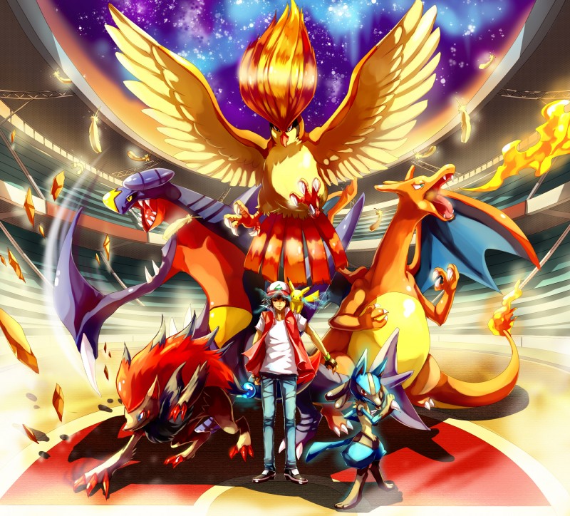 ambiguous_gender anthro detailed_background feral group male pose team_pose wings sa-dui nintendo pokemon pokemon_trainer red_(pokemon) charizard garchomp generation_1_pokemon generation_4_pokemon generation_5_pokemon human lucario mammal pidgeot pikachu pokemon_(species) zoroark 2012 absurd_res hi_res