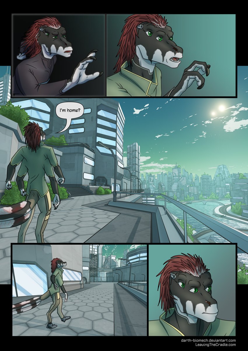 3_fingers 4_arms 4_eyes anthro biped building city clothed clothing dialogue dialogue_box fingers green_clothing green_eyes green_shirt green_topwear hair male multi_arm multi_eye multi_limb outside railing red_hair shirt solo speech_bubble sun topwear window darth_biomech gharr_neht_ra alien raharr 2023 colored comic hi_res