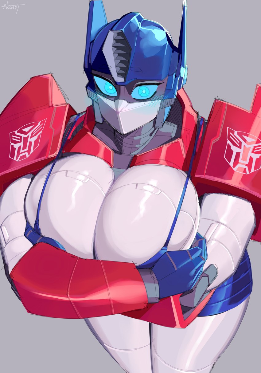 big_breasts blue_eyes breasts cleavage clothed clothing crossed_arms crossgender faceplate female grey_background high-angle_view looking_at_viewer machine mouthless mtf_crossgender not_furry simple_background solo nezulet hasbro takara_tomy transformers optimus_prime cybertronian humanoid robot robot_humanoid 2023 absurd_res hi_res portrait three-quarter_portrait