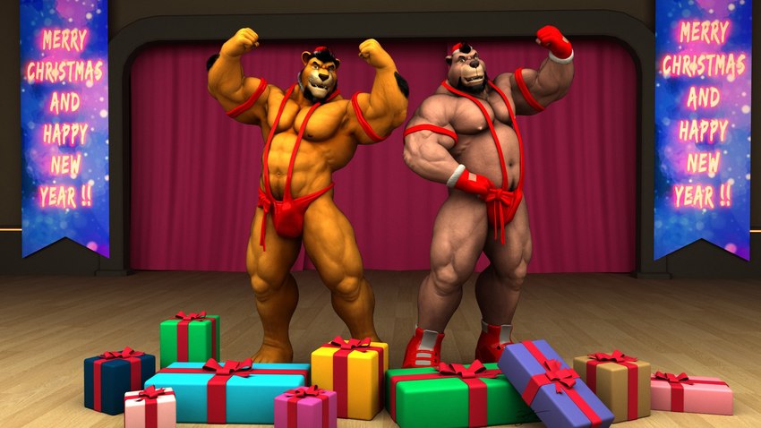 abs anthro arm_hair banner barefoot beard biceps black_hair body_hair boots bow_(feature) bow_ribbon box brown_body brown_fur christmas_clothing christmas_headwear christmas_present clothed clothing container costume curtains duo facial_hair feet fingerless_gloves flexing flexing_muscles footwear fur gift gloves goatee hair handwear hat headgear headwear holidays male mankini mostly_nude musclegut muscular muscular_anthro muscular_male muscular_thighs navel nipples pecs pose pubes red_boots red_clothing red_footwear red_gloves red_handwear red_thong red_underwear santa_costume santa_hat shoes sideburns skimpy stage stage_curtains suspenders text thong triceps underwear underwear_only yellow_body yellow_fur braford christmas happy_holidays new_year_2019 kurt_(braford) sarge_(braford) bear brown_bear felid lion mammal pantherine ursine 16:9 2018 3d_(artwork) digital_media_(artwork) english_text hi_res widescreen