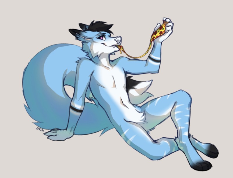 4_toes 5_fingers anthro black_hair blue_body blue_fur feet fingers food fur hair male nude pizza smile solo toes white_body white_fur white_nose gonewiththefart canid canine fox mammal digital_media_(artwork)