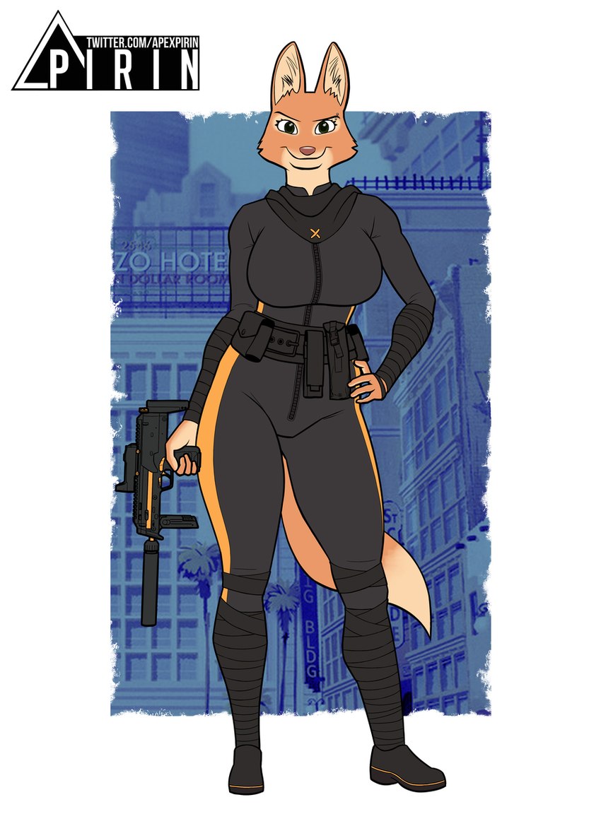 anthro belt black_clothing breasts clothed clothing eyebrow_piercing facial_piercing female fur gun hand_on_hip holding_gun holding_object holding_ranged_weapon holding_weapon jumpsuit looking_at_viewer mp7 orange_body orange_fur piercing pouches ranged_weapon skinsuit smile solo standing text tight_clothing utility_belt weapon wraps pirin-apex dreamworks the_bad_guys diane_foxington canid canine fox mammal hi_res url