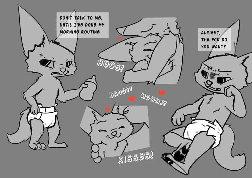 ageplay anthro baby_bottle clean_diaper clothed clothing cross-popping_vein daww dialogue diaper diaper_only element_drop_shadow group hug iconography infantilism kissing_cheek male roleplay text text_drop_shadow topless wearing_diaper kuuneho disney zootopia finnick_(zootopia) judy_hopps nick_wilde canid canine fennec_fox fox lagomorph leporid mammal rabbit red_fox true_fox absurd_res english_text hi_res