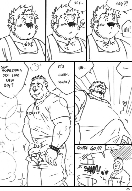 anthro barman beard bodily_fluids broken_heart bulge clothing dialogue duo erection facial_hair flaccid genital_fluids genitals hairy humor male manly peeing penis piercing teasing text underwear urine husky92 josh_(husky92) wolfdave ape bear gorilla haplorhine mammal monkey primate 2015 comic english_text hi_res monochrome