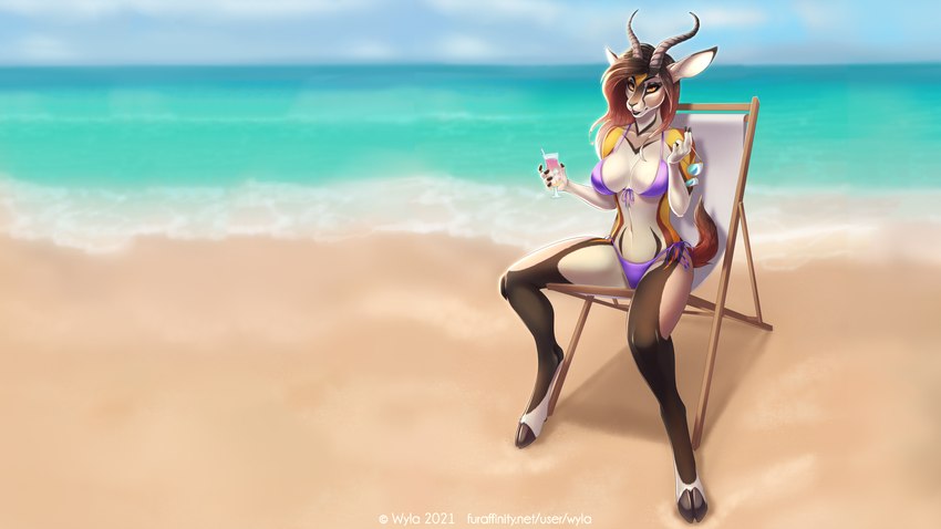 5_fingers anthro beach beach_chair beverage bikini breasts clothed clothing day detailed_background eyewear female fingers glass holding_object hooves horn navel outside purple_bikini purple_clothing purple_swimwear sand seaside shoreline sitting sky smile solo sunglasses swimwear two-piece_swimsuit water wyla zahra_(airheart) antelope bovid mammal 16:9 2021 digital_media_(artwork) hi_res shaded widescreen