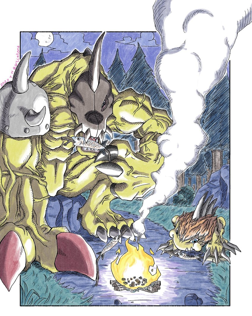 ambiguous_gender border campfire claws cooking detailed_background duo eating feral fire fish_meat food forest grass horn mask meat muscular muscular_ambiguous night outside plant rock sitting smoke spikes spikes_(anatomy) stick tree vein veiny_muscles white_border yellow_body artcetona bandai_namco digimon cyclomon digimon_(species) gizamon 2022 4:5 hi_res traditional_media_(artwork)