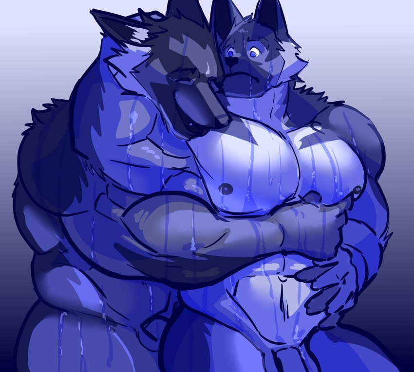 abs anthro anthro_on_anthro barazoku biceps big_muscles duo enjoying genitals hug looking_at_another looking_at_partner looking_down looking_pleasured male male/male mature_anthro mature_male moobs muscular nude pecs penis smile wet pinumontbalou garnett patrick_(drks) canid canine canis domestic_dog german_shepherd herding_dog mammal pastoral_dog blue_and_white hi_res monochrome brother_(lore) brothers_(lore) incest_(lore) sibling_(lore)