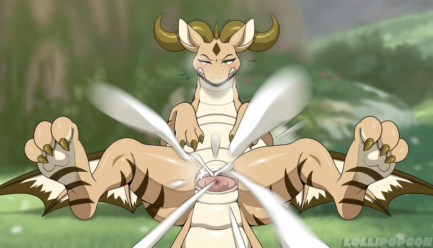 animal_genitalia blush bodily_fluids breath brown_body brown_horn brown_scales claws clenched_teeth cloaca curling_toes emanata feet female feral genital_fluids genitals grass green_eyes half-closed_eyes horn lying membrane_(anatomy) membranous_wings moss narrowed_eyes nude on_back outside peeing plant quadruped rock scales solo straining striped_body striped_scales stripes sweat tail tan_body tan_scales teeth text urate urine watersports white_body white_scales wings lollipopcon mythology mirah dragon mythological_creature mythological_scalie scalie artist_name digital_media_(artwork) hi_res