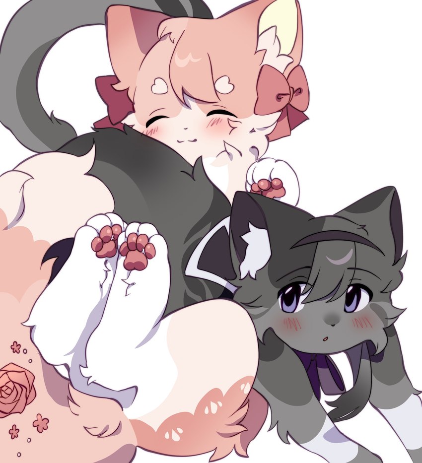 alternate_species blush cuddling duo female feral feralized furrification kemono pawpads paws kuro_chromium puella_magi puella_magi_madoka_magica homura_akemi madoka_kaname domestic_cat felid feline felis mammal absurd_res hi_res