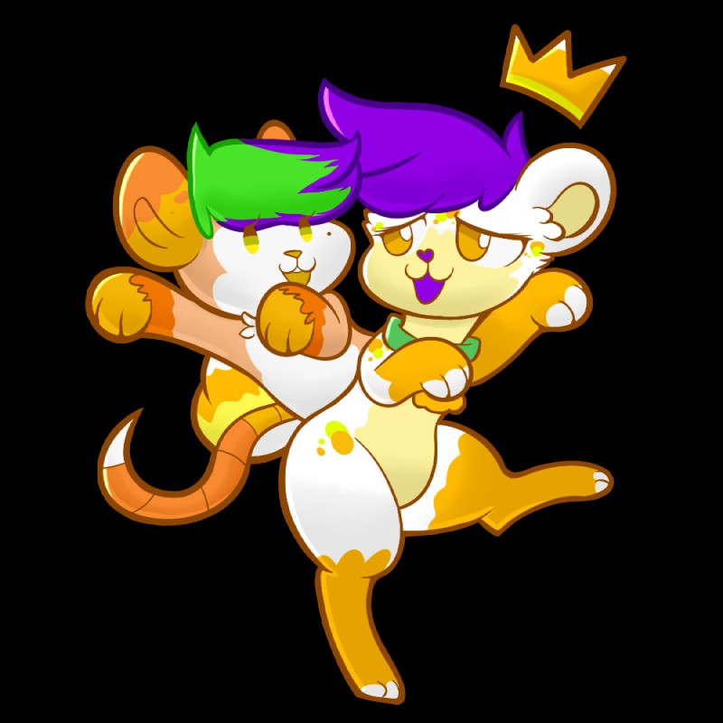 :3 ambiguous_gender candy candy_corn collar crown dessert duo feral food fur green_hair hair headgear multicolored_body multicolored_fur multicolored_hair open_mouth orange_body orange_eyes orange_fur pairing purple_hair simple_background style_emulation transparent_background white_body white_fur yellow_body yellow_eyes yellow_fur softestpuffss puyo_puyo sega fan_character american_opossum canid canine canis domestic_dog mammal marsupial virginia_opossum 1:1 alpha_channel