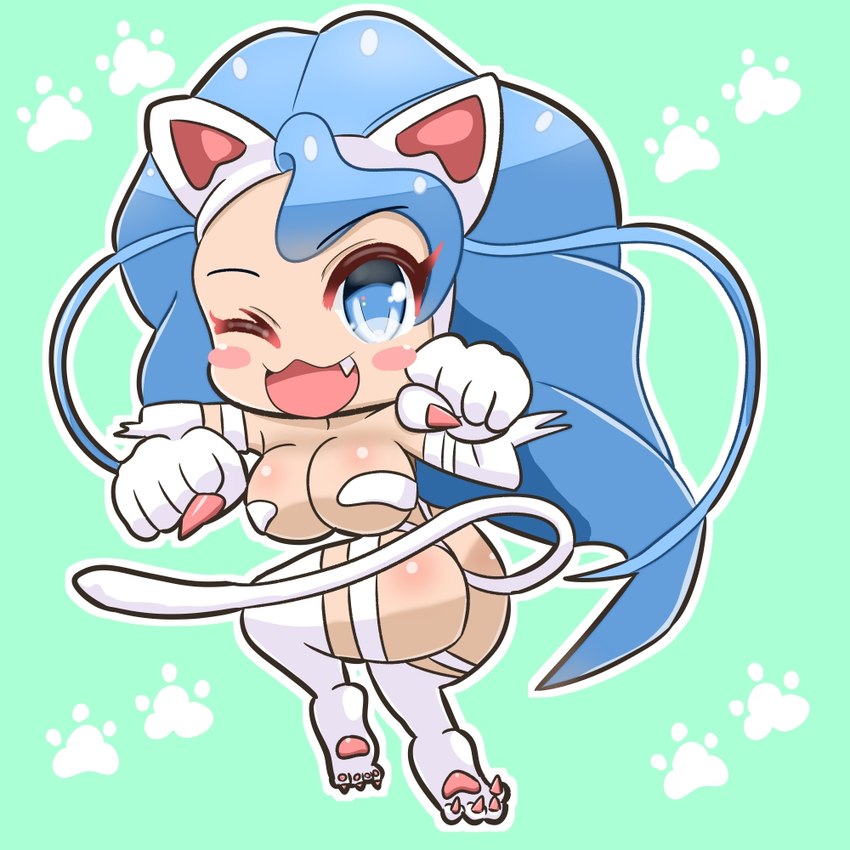 anthro black_kaneko blue_hair breasts butt chibi exposed_ass female fur glistening glistening_body glistening_breasts glistening_butt hair looking_at_viewer one_eye_closed pose solo tail white_body white_fur wink winking_at_viewer capcom darkstalkers felicia_(darkstalkers) felid feline human mammal