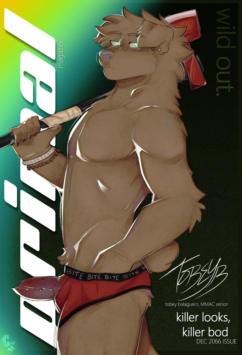 anatomically_correct anatomically_correct_genitalia anatomically_correct_penis animal_genitalia animal_penis anthro athletic athletic_male axe bracelet brown_body brown_fur canine_genitalia canine_penis claws clothed clothing ear_piercing floppy_ears freckles frenum_ladder frenum_piercing fur genital_piercing genitals green_eyes jewelry knot ladder_piercing magazine male nub_tail penis penis_piercing penis_poking_out penis_through_fly piercing pink_nose solo text underwear underwear_only cerberussenn tobey_balaguero_(cerberussenn) bird_dog canid canine canis curly_coated_retriever domestic_dog hunting_dog mammal mastiff mixed_breed molosser retriever rottweiler absurd_res cover english_text hi_res magazine_cover signature