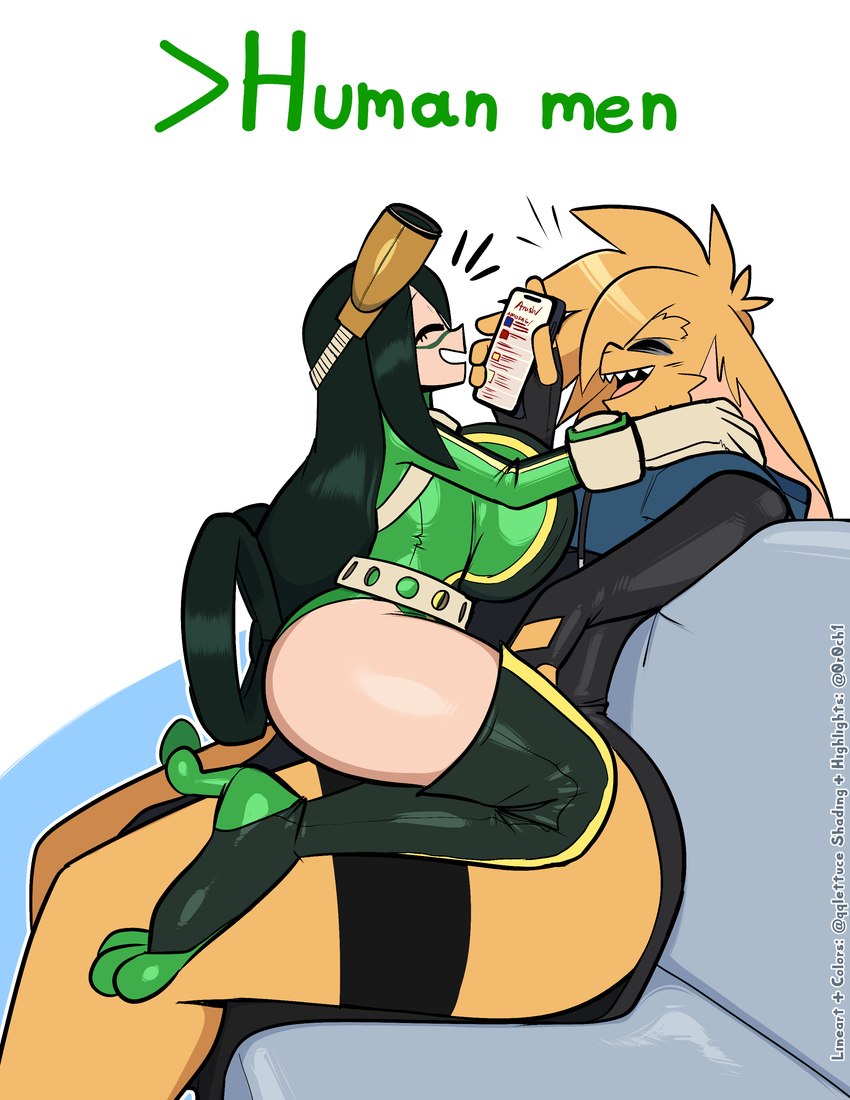 4chan_thread anthro bodysuit canon_x_oc clothing duo electronics female female_humanoid green_text greentext_(format) homophobic_slur laugh leotard male male/female male_anthro phone sitting_on_another skinsuit text tight_clothing lettuce_(artist) /trash/ 4chan my_hero_academia 0r0 asui_tsuyu amphibian amphibian_humanoid animal_humanoid frog_humanoid humanoid lagomorph leporid mammal quirked_human_(my_hero_academia) rabbit absurd_res english_text hi_res