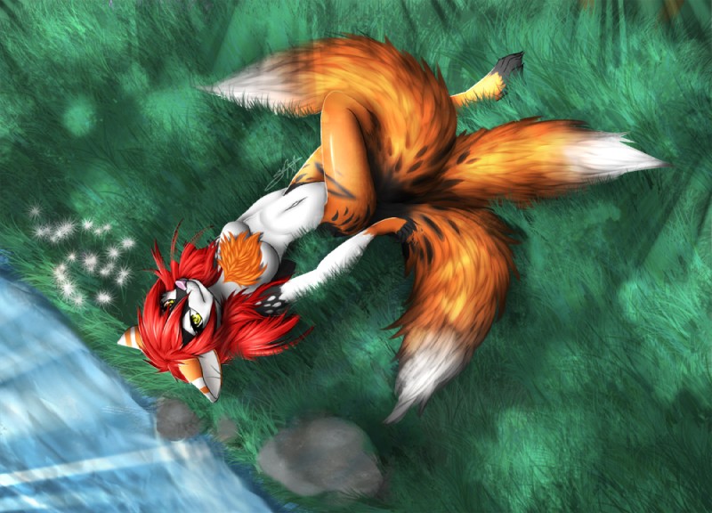 anthro belly black_body black_fur black_markings breasts chest_tuft featureless_breasts female fur hair looking_at_viewer markings navel orange_body orange_fur pink_nose pointy_ears prick_ears red_hair river solo tuft water white_belly white_body white_fur white_markings yellow_eyes pacmancorp taffie mammal