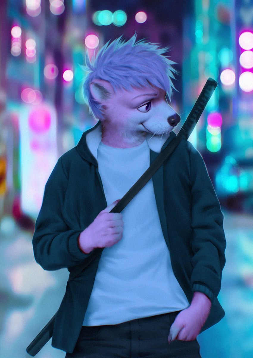 5_fingers anthro biped black_nose blue_hair clothed clothing fingers front_view fully_clothed fur hair japanese_sword katana male melee_weapon pink_body pink_fur smile solo standing sword weapon whiskers wayn_animation mammal mustelid otter 2022 adobe_photoshop_(artwork) digital_media_(artwork) half-length_portrait hi_res portrait