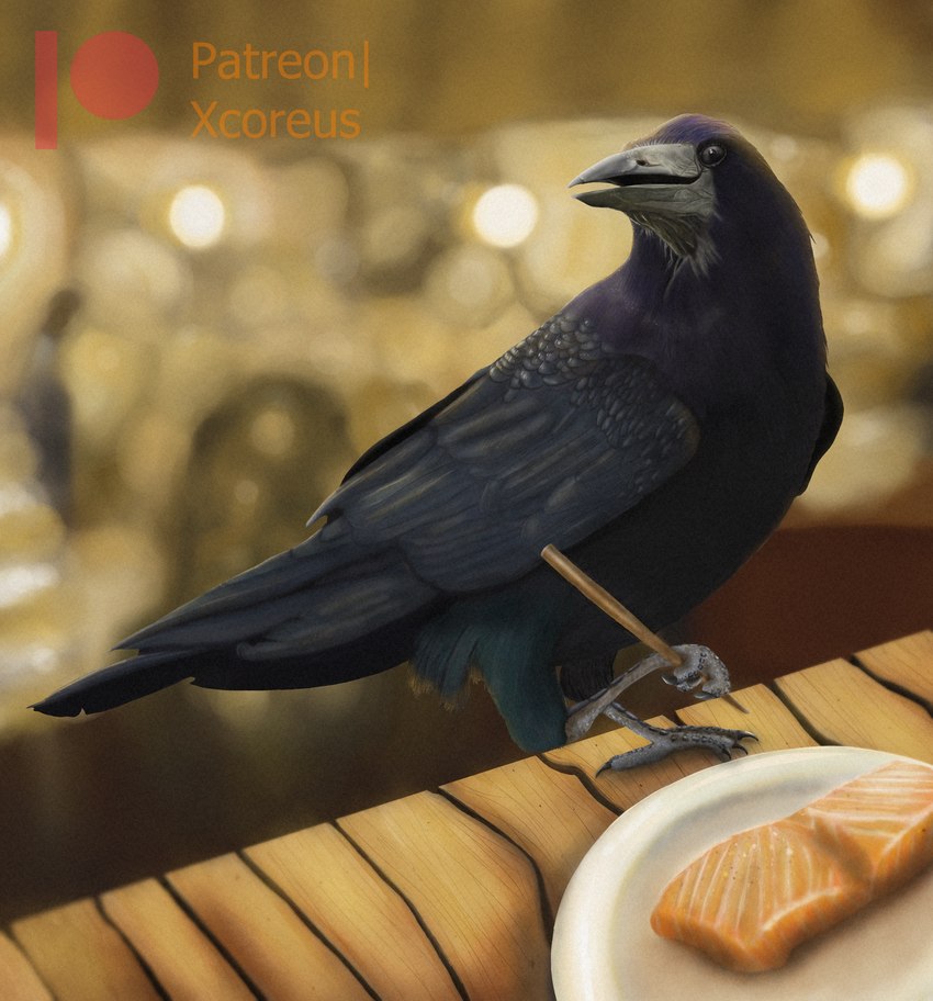 ambiguous_gender beak blurred_background chopsticks claws feral furniture light on_table photorealism plate rim_light smile solo table wings xcoreus patreon avian bird corvid corvus_(genus) fish marine oscine passerine salmon salmonid_(fish) absurd_res hi_res lighting