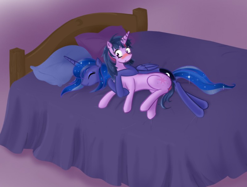 bed blue_body blue_feathers blue_hair blush cosmic_hair cutie_mark duo ethereal_hair eyes_closed feathered_wings feathers female female/female feral fur furniture hair horn hug long_hair multicolored_hair pillow purple_body purple_fur purple_hair quadruped sleeping starry_hair tail two_tone_hair wings v-invidia friendship_is_magic hasbro my_little_pony mythology princess_luna_(mlp) twilight_sparkle_(mlp) equid equine mammal mythological_creature mythological_equine unicorn winged_unicorn 2012