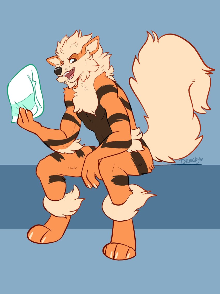 anthro chest_tuft claws clothing diaper digitigrade holding_diaper looking_at_viewer male nude open_mouth paws sitting solo touching_diaper tuft dracky nintendo pokemon arcanine canid canine generation_1_pokemon mammal pokemon_(species) absurd_res hi_res watermark