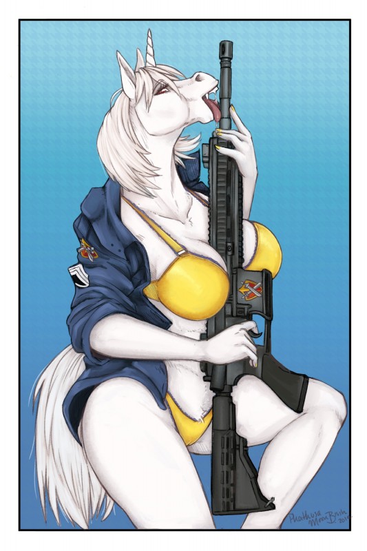 anthro ar-15 assault_rifle bad_trigger_discipline bra breasts camel_toe cleavage clothed clothing female gun hair horn jacket licking lingerie m4 open_clothing open_jacket open_topwear panties pattern_background ranged_weapon red_eyes rifle simple_background sitting solo tongue tongue_out topwear underwear weapon white_hair phathusa hasbro my_little_pony mythology ultima_(oc) equid equine mammal mythological_creature mythological_equine unicorn 2019 2:3 absurd_res hi_res portrait three-quarter_portrait