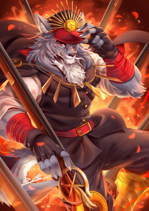 anthro black_nose clothed clothing fur hair male red_eyes rabbity fate_(series) type-moon patxi_(fate) canid canine canis mammal wolf 2019 digital_media_(artwork) hi_res